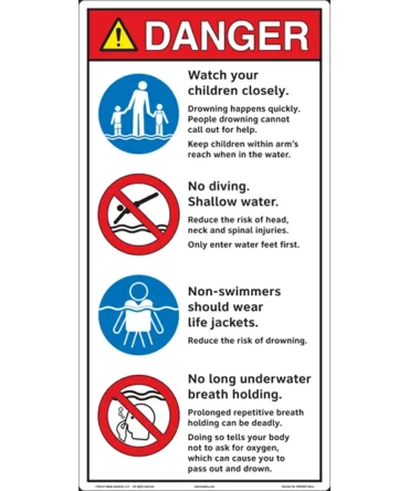 3 Symbol – Watch Children-No Diving-Wear Life Jacket Pool Entrance Outdoor Safety Sign – 16 in x 10 in