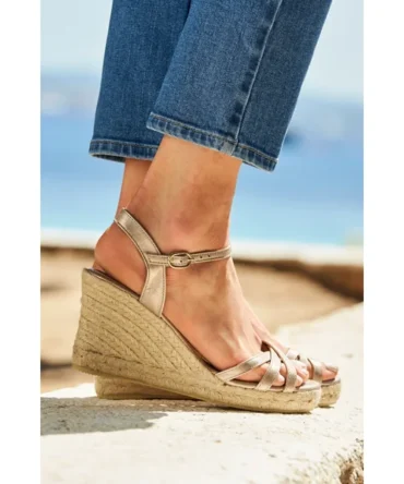 Alesia Champagne Gold Strappy Leather Wedge Espadrille