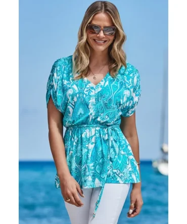 Aqua Blue Paisley Print Tie Waist Tunic Top