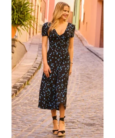 Black & Blue Floral Print Ruched Neck Midi Dress