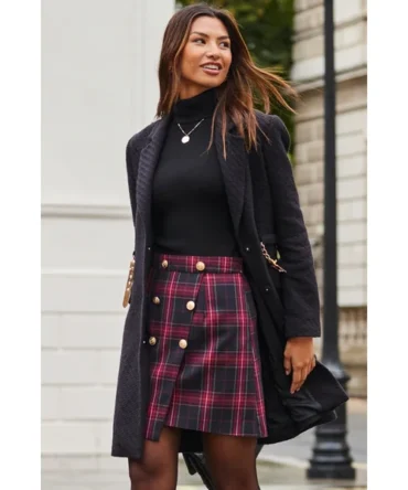 Black Boucle Coat With Gold Belt Detail