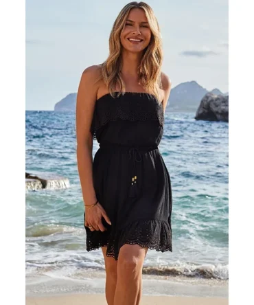 Black Broderie Trim Bandeau Beach Dress