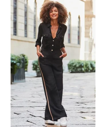 Black & Camel Side Stripe Button Front Jumpsuit