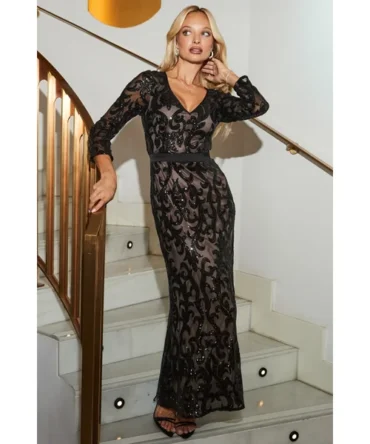 Black Contrast Sequin Maxi Dress