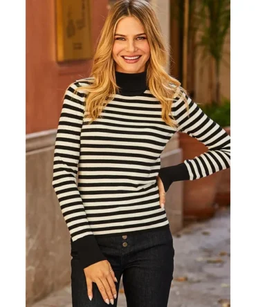 Black & Cream Stripe Print Roll Neck Gold Zip Detail Jumper