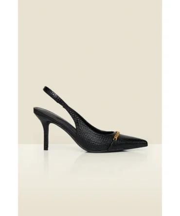 Black Croc Chain Detail Slingback High Heel Court Shoes
