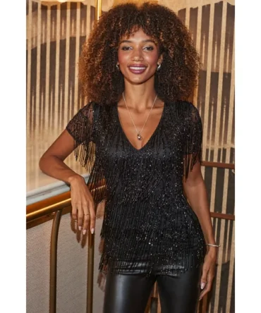 Black Embellished Fringe Tassel Top