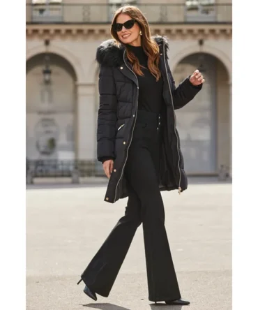 Black Faux Fur Trim Padded Coat