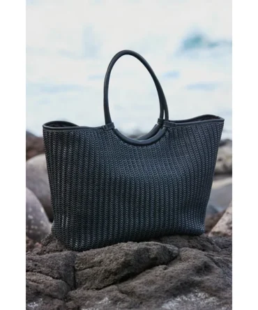 Black Faux Leather Woven Oversized Tote Bag