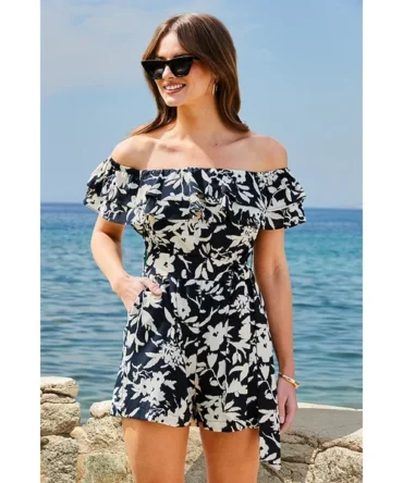 Black Floral Print Ruffle Detail Bardot Playsuit