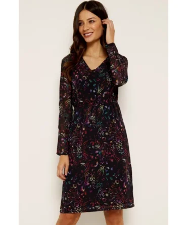 Black Floral Print V Neck Dress