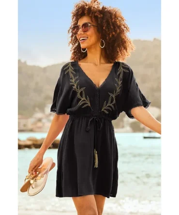 Black & Gold Embroidered Detail Kaftan