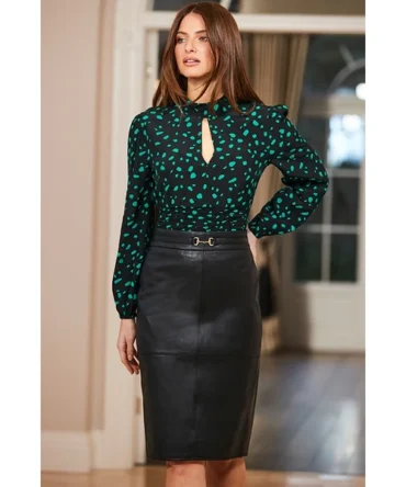 Black & Green Fleck Print Keyhole Detail Shirred Hem Blouse