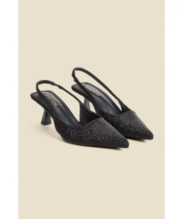 Black Hot Fix Kitten Heel Slingback Court Shoes