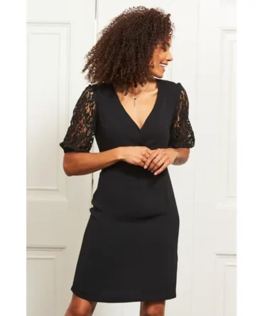 Black Lace Sleeve Wrap Front Dress