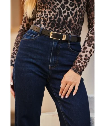 Black Leather Belt With Gold Square Buckle