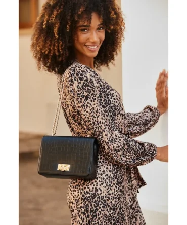 Black Leather Croc Shoulder Bag