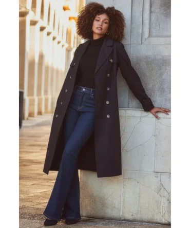 Black Longline Trench Coat With Faux Leather Trim