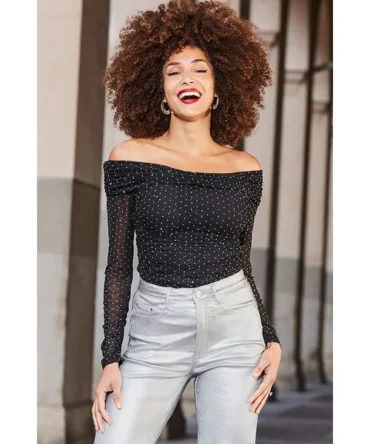 Black Luxe Sparkle Mesh Bardot Top
