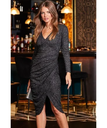Black Luxe Sparkle Ruched Front Jersey Dress
