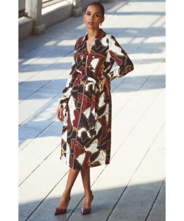 Black Multi Print Zip Front Belted Midi Dress