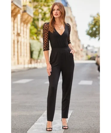 Black Organza Spot Sleeve Wrap Front Jumpsuit