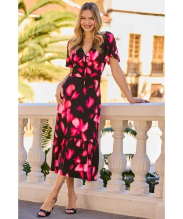 Black & Pink Floral Print Ruched Waist Fit & Flare Dress