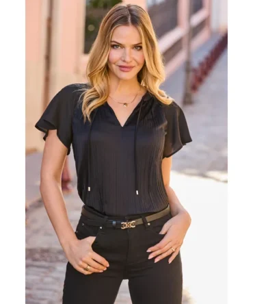 Black Plisse Chiffon Sleeve V Neck Top