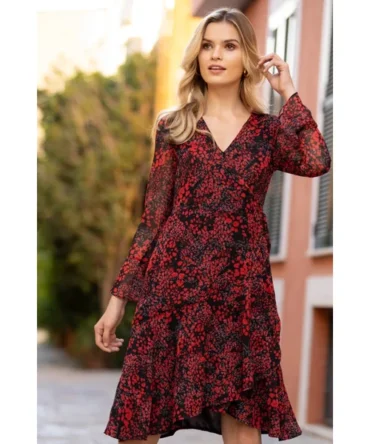 Black & Red Abstract Poppy Print Wrap Dress