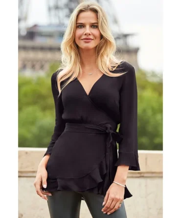 Black Ruffle Hem Fluted Cuff Top