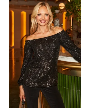 Black Sequin Bardot Top