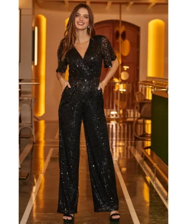 Black Sequin Flutter Sleeve Jumpsuit