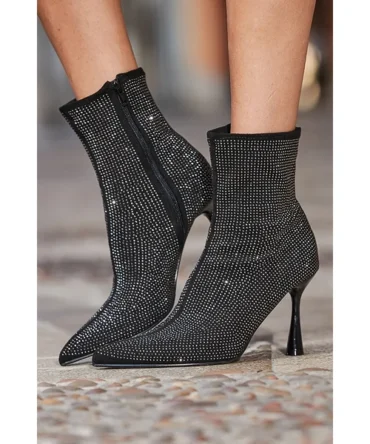 Black Sparkle Flared Heel Sock Boot