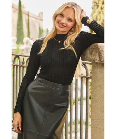 Black Textured Roll Neck Top