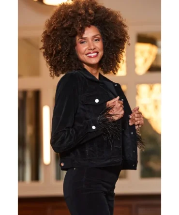 Black Velvet Denim Jacket With Feather Cuff