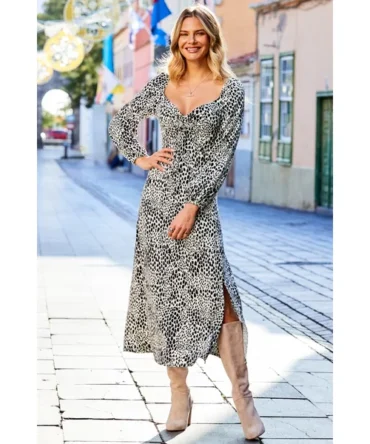 Black & White Animal Print Tie Detail Midi Jersey Dress