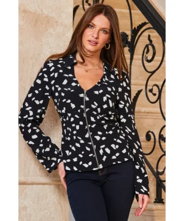 Black & White Fleck Print Zip Front Top