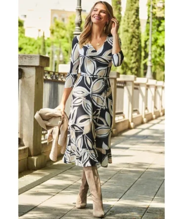 Black & White Floral Print Tie Waist Jersey Midi Dress