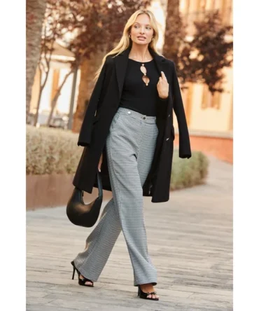 Black & White Houndstooth Print Wide Leg Trousers