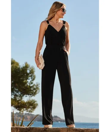 Black Wrap Front Jumpsuit With Luxe Gold Detail