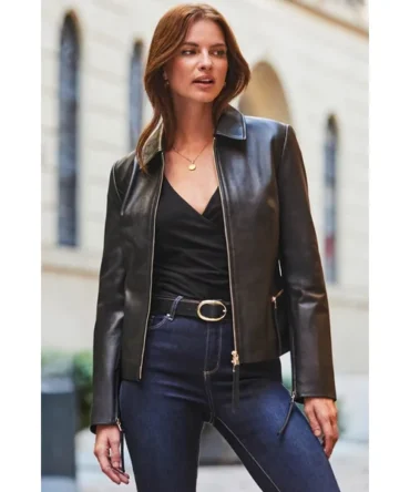 Black Zip Detail Collared Leather Jacket