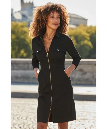 Black Zip Front Denim Dress