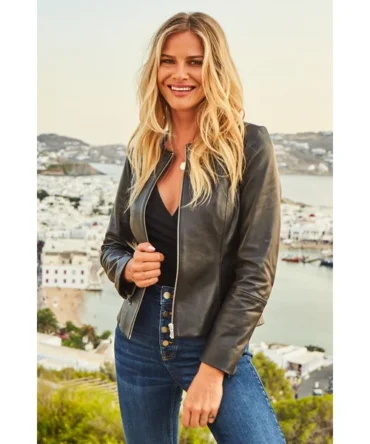 Black Zip Front Round Neck Leather Jacket