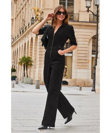 Black Zip Front Wide Leg Denim Jumpsuit