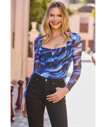 Blue Abstract Print Square Neck Ruched Detail Top