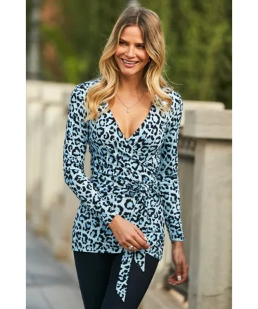 Blue Animal Print Wrap Front Longline Jersey Top