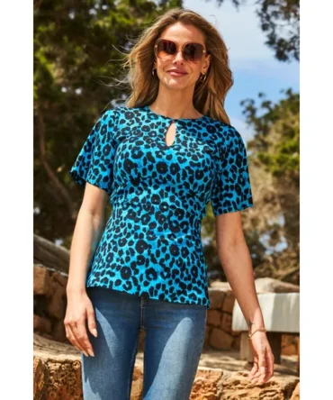 Blue & Black Animal Print Keyhole Detail Jersey Top
