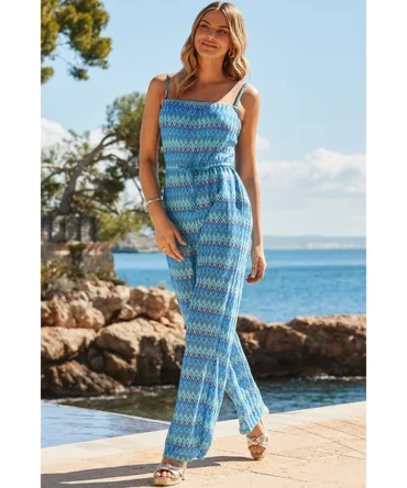 Blue Chevron Print Bandeau Jumpsuit With Detachable Straps