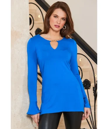 Blue Fluted Sleeve Gold Chain Detail Jersey Top
