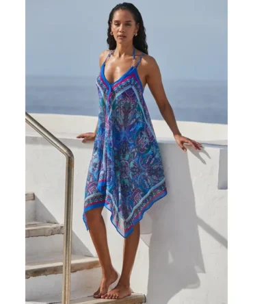 Blue Scarf Print Hanky Hem Beach Dress